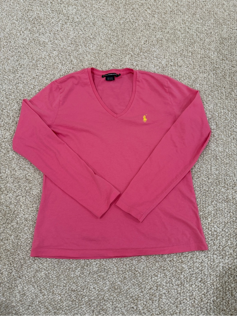 Ralph Lauren Sport Pink 100% Cotton Long Sleeve V-Neck Tee Medium